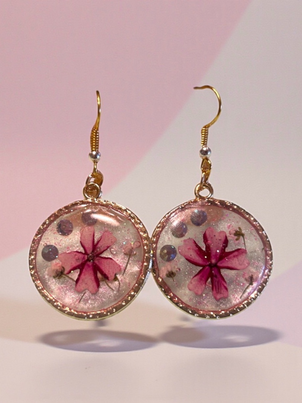 Gold-Tone Pink Floral Resin Drop Earrings